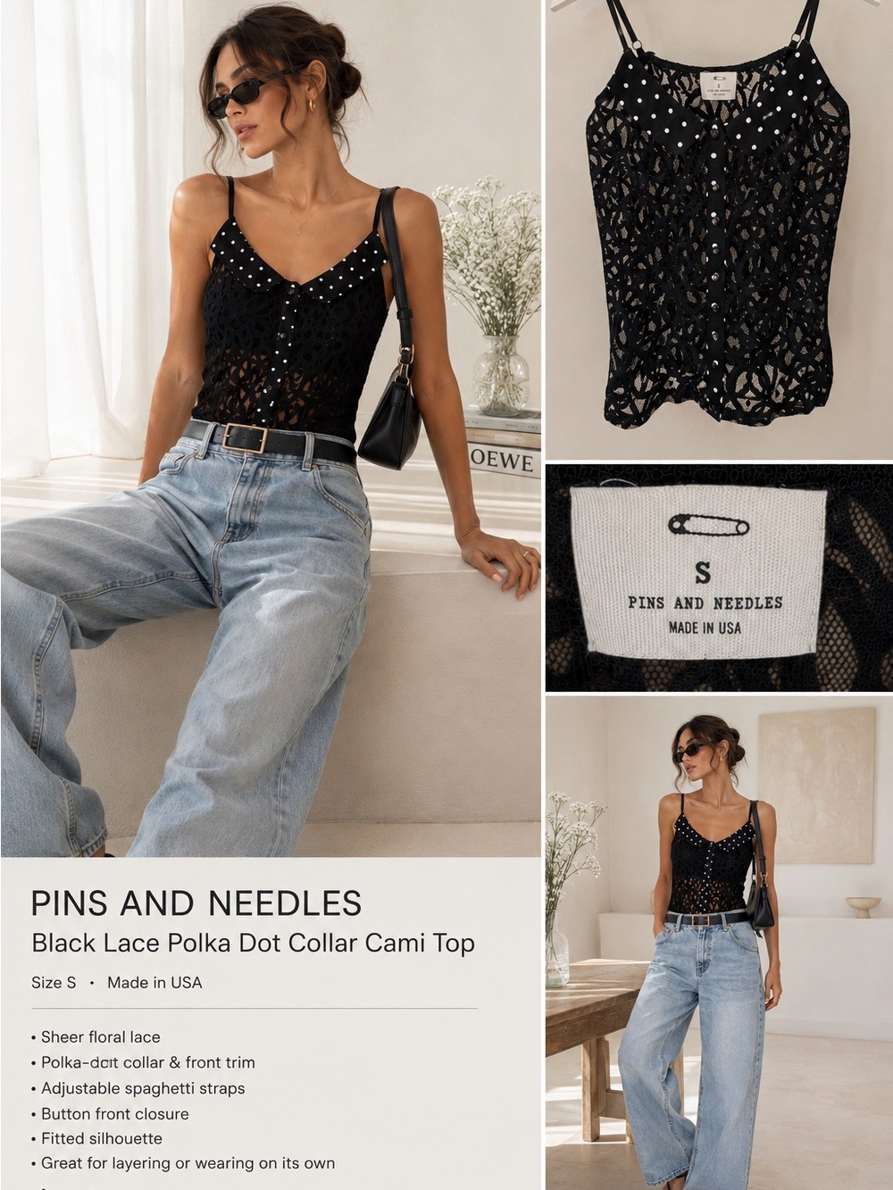 Pins and Needles Black Lace Polka Dot Collar Cami Top Size S